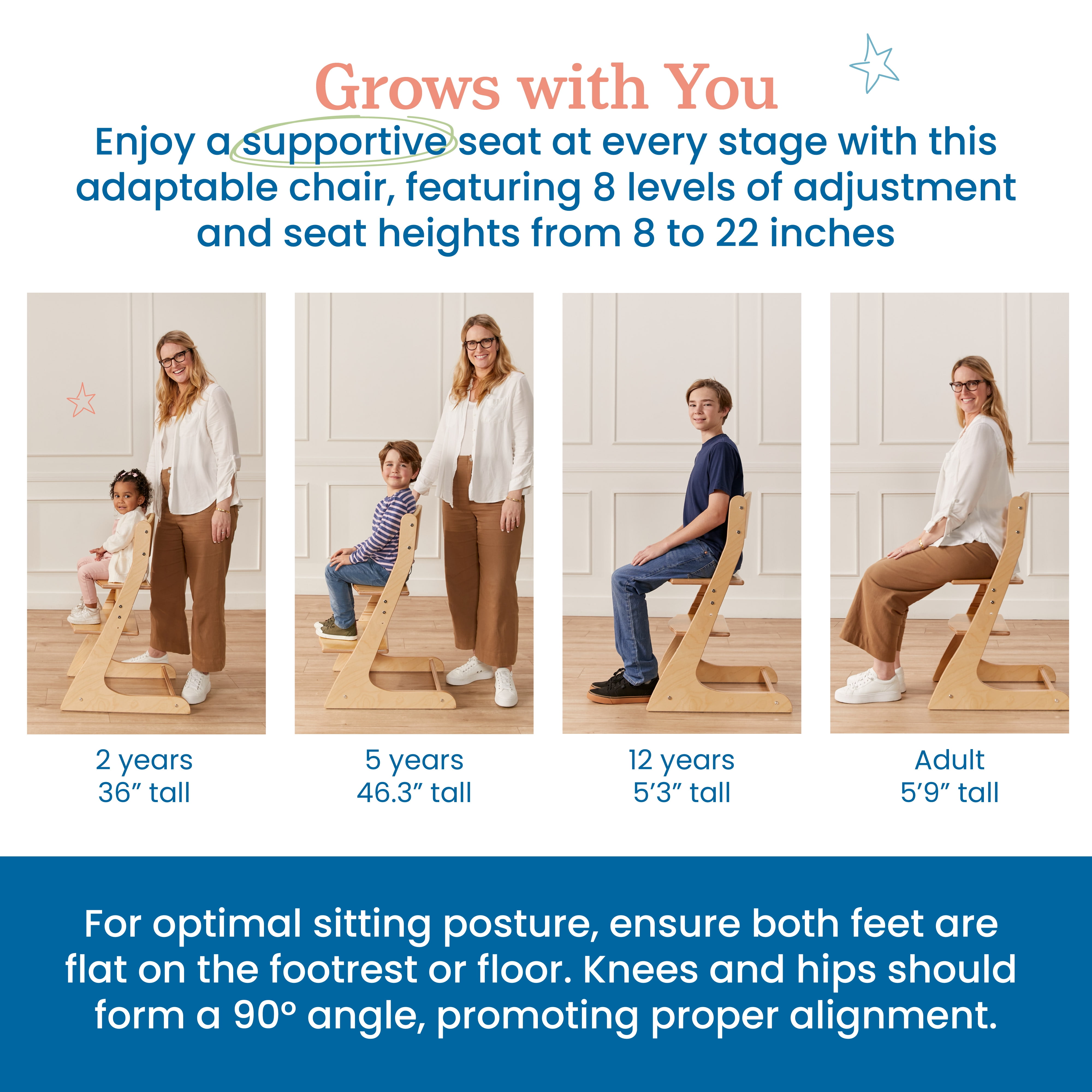 ECR4Kids Wooden Adjustable Grows with Me Transitional Chair, Montessori Furniture, Natural