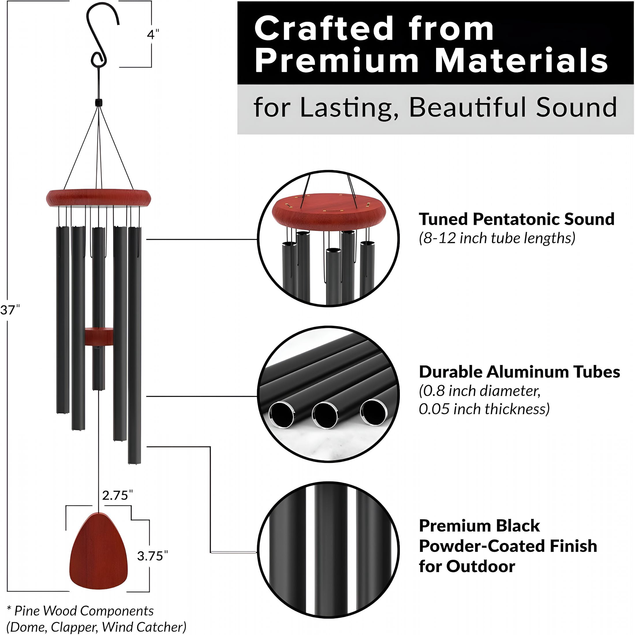XIBUFE Wind Chimes for Outside - 37" Large Deep Tone Wind Chimes, Elegant Black Aluminum Windchimes Outdoors, Memorial Gift for Mom, Garden & Patio Decor