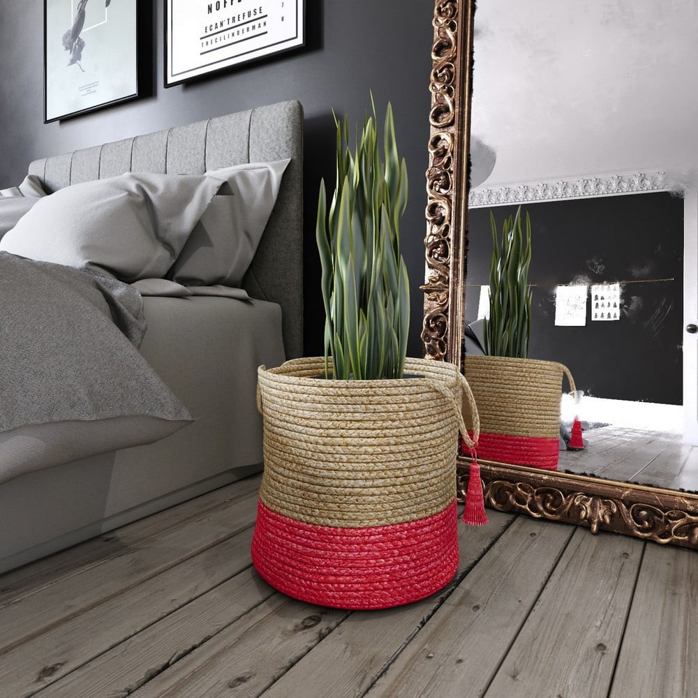 LR Home Woven Round Jute 17" Storage Basket with Handles, Red Stripe