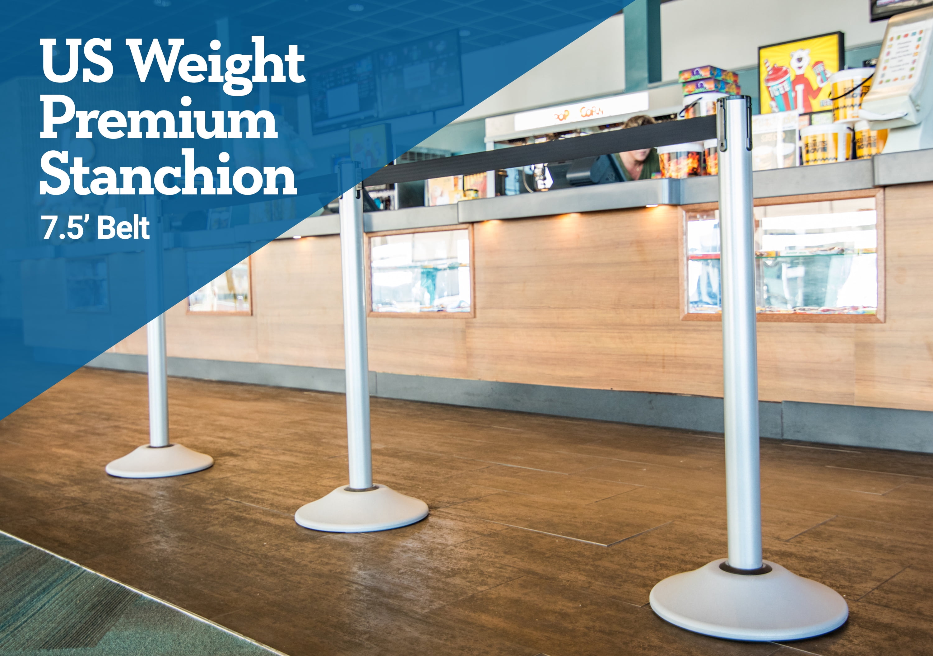 US Weight Heavy Duty Premium Silver Steel Stanchion with Chevron 7.5-Foot Retractable Belt- 6 PK