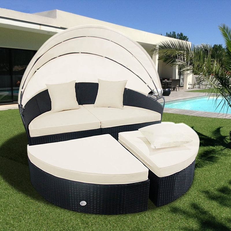 Cloud Mountain 4 Piece Canopy Daybed Patio Rattan Round Outdoor