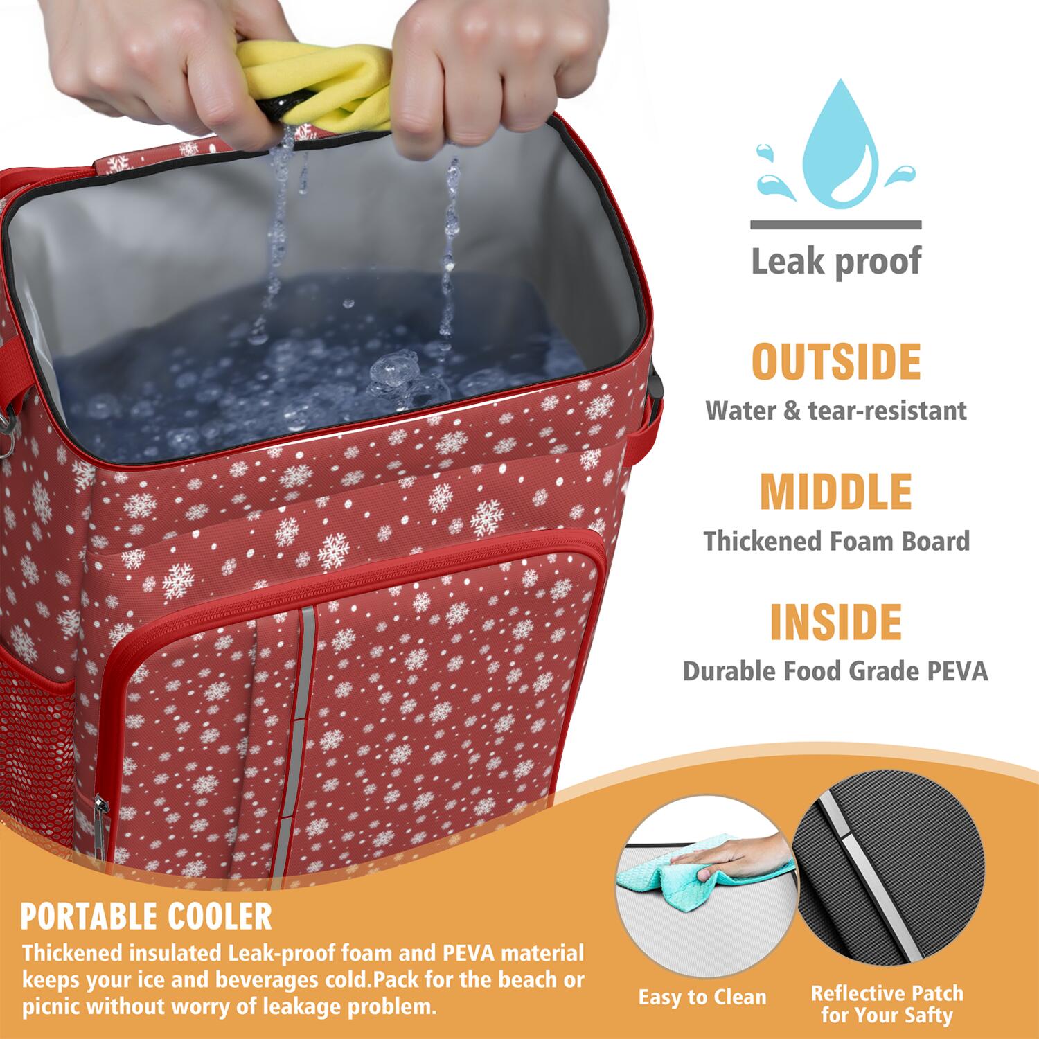 Travel Cooler Bag - Red Christmas Snowflake Pattern Camping Beer Cooler Backpack with Bottle Opener- Waterproof Insulated Picnic Backpacks - Cooler Bag for Beach
