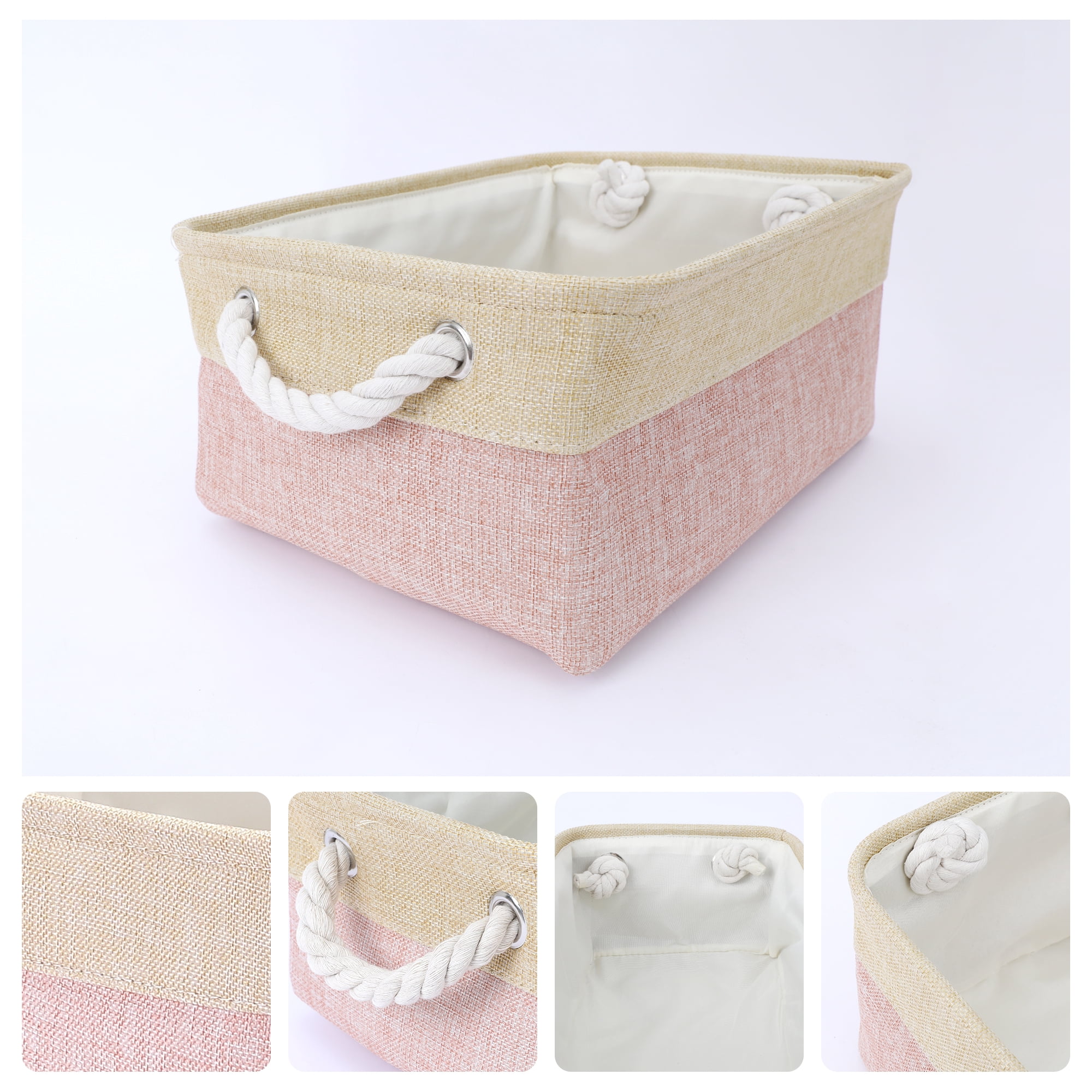 Unique Bargains Storage Bin with Handle Fabric Cube Pink/Beige 14*10*6.5in