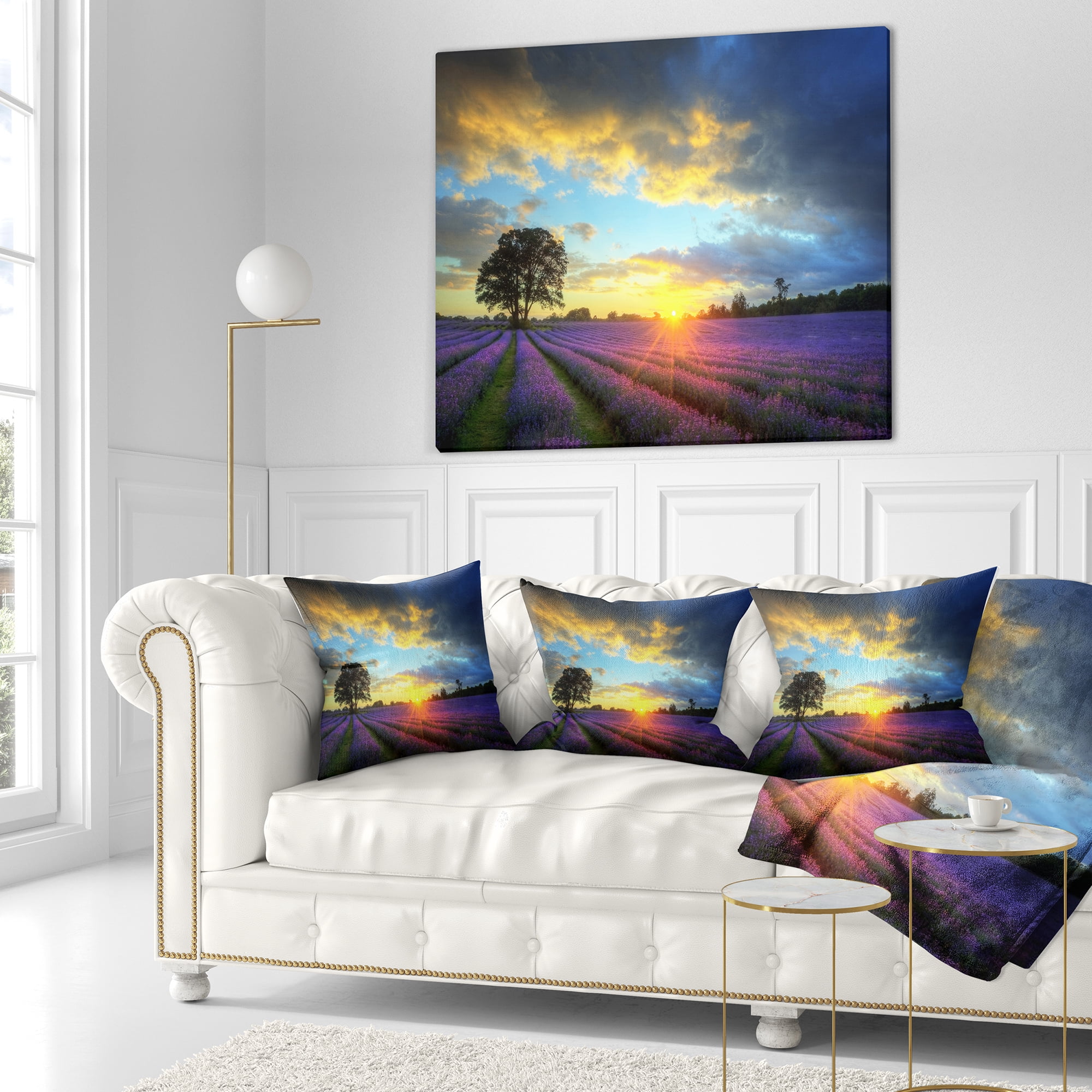 Designart Colorful Sky over Vibrant Lavender Field - Floral Throw Pillow - 16x16