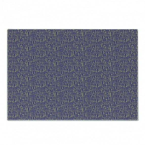 Cityscape Cutting Board, Doodle Pattern with Bicolour Design Houses with Windows and Roofs, Decorative Tempered Glass Cutting and Serving Board, in 3 Sizes, by Ambesonne