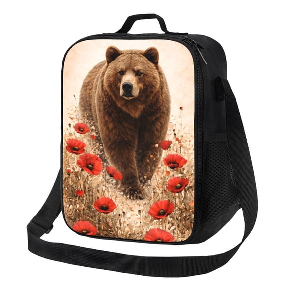 Wildlife Brown Bear Lunch Bag Insulated Thermal Box with Shoulder Strap & Handle for Work and Picnic