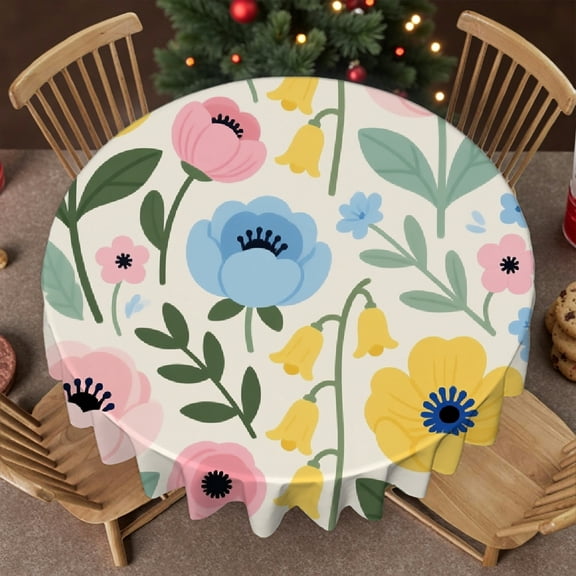 Watercolor Yellow Pink Blue Flower Leaf tablecloths for round tables, Holiday-Themed Design - Kitchen Accessories Tablecloth for dining table round, Cafe, dinner, brunch, buffet, picnic, 60x60 Inch