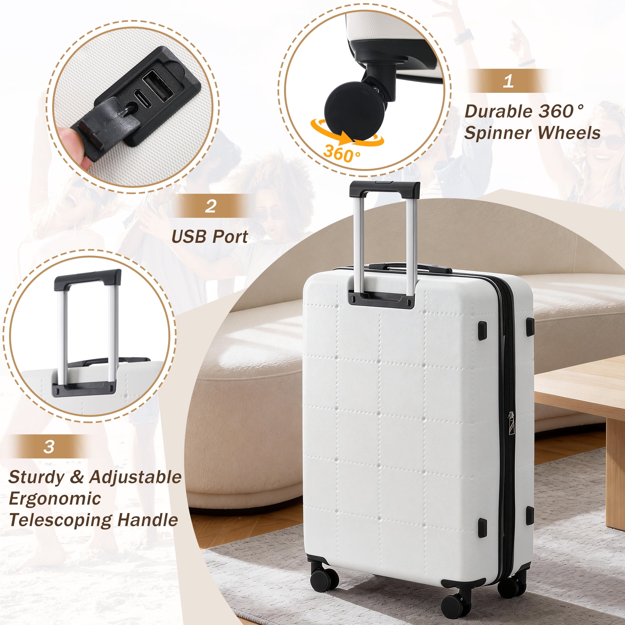 Euroco Luggage Sets 5 Piece, ABS Hardside Expandable Suitcase Set with TSA Lock Spinner Wheels and 2 Bags,20" Half-opening Carry on Luggage with USB Port for Travel,White(20"/24"/28")
