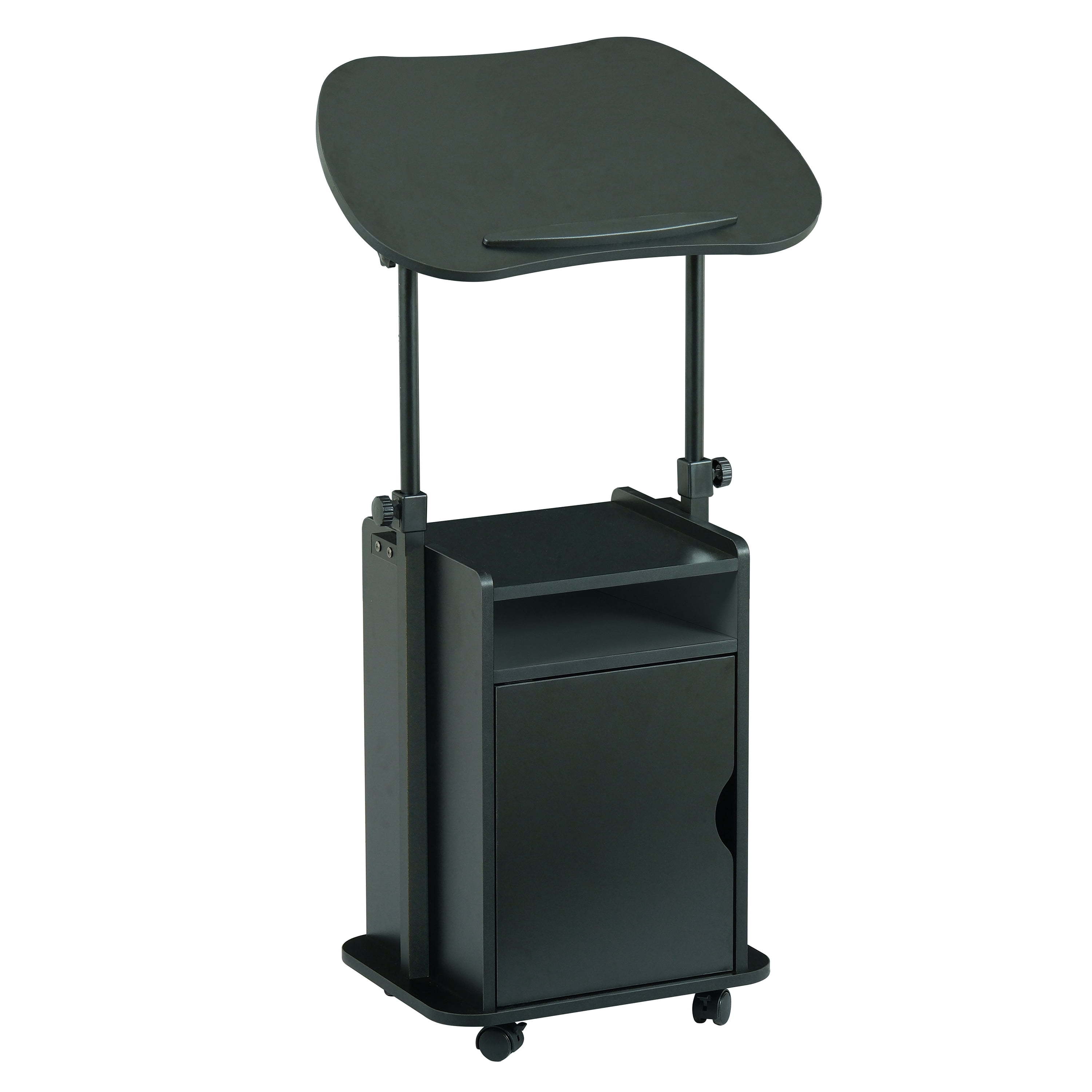 Sit-to-Stand Rolling Adjustable Laptop Cart with Storage Cabinet & Open Shelf, Lockable Wheels Ergonomic Mobile Standing Desk Podium for Home Office Classroom Bedside