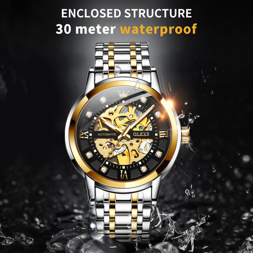 OLEVS Skeleton Watches for Mens Automatic Mechanical self Winding Diamond Luxury Business Dress Stainless Steel Waterproof Luminous Mens Wrist Watches Reloj Para Hombre Blue/White/Black/Gold Dial