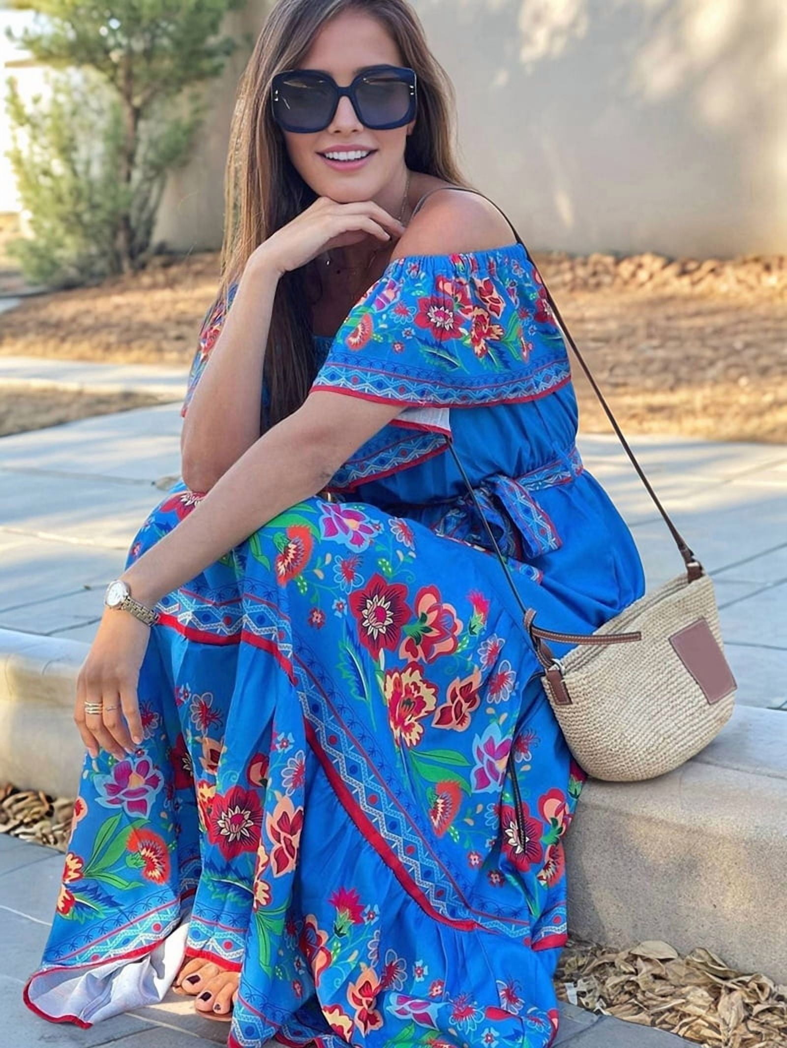 Women'S Mexican Dress Summer Floral Print Off the Shoulder Sleeveless Beach Long Maxi Dress Blue XXL