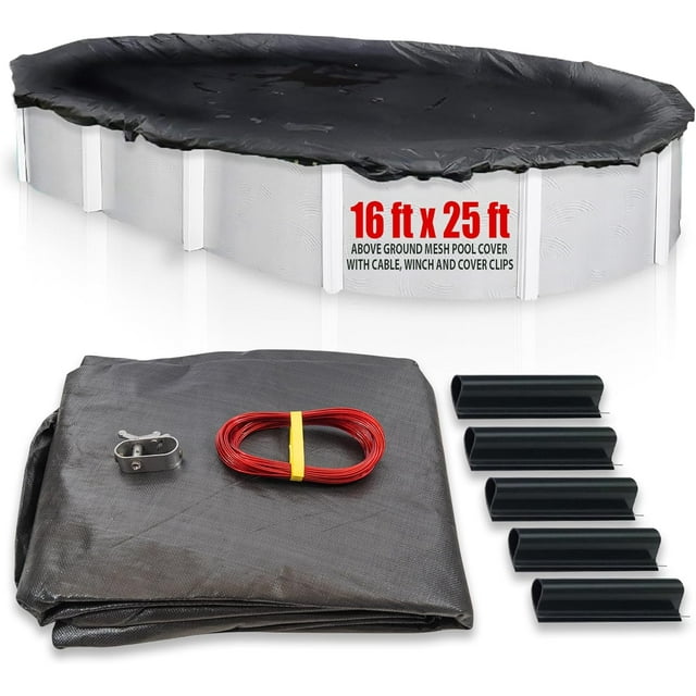 SET SunSolar Energy Technologies- MESH Above Ground Winter Pool Cover for 16x25 Foot Oval Swimming Pool - Winter Pool Cover with Sturdy Cable and Winch 8-Yr warranty. Cover Clips Included.