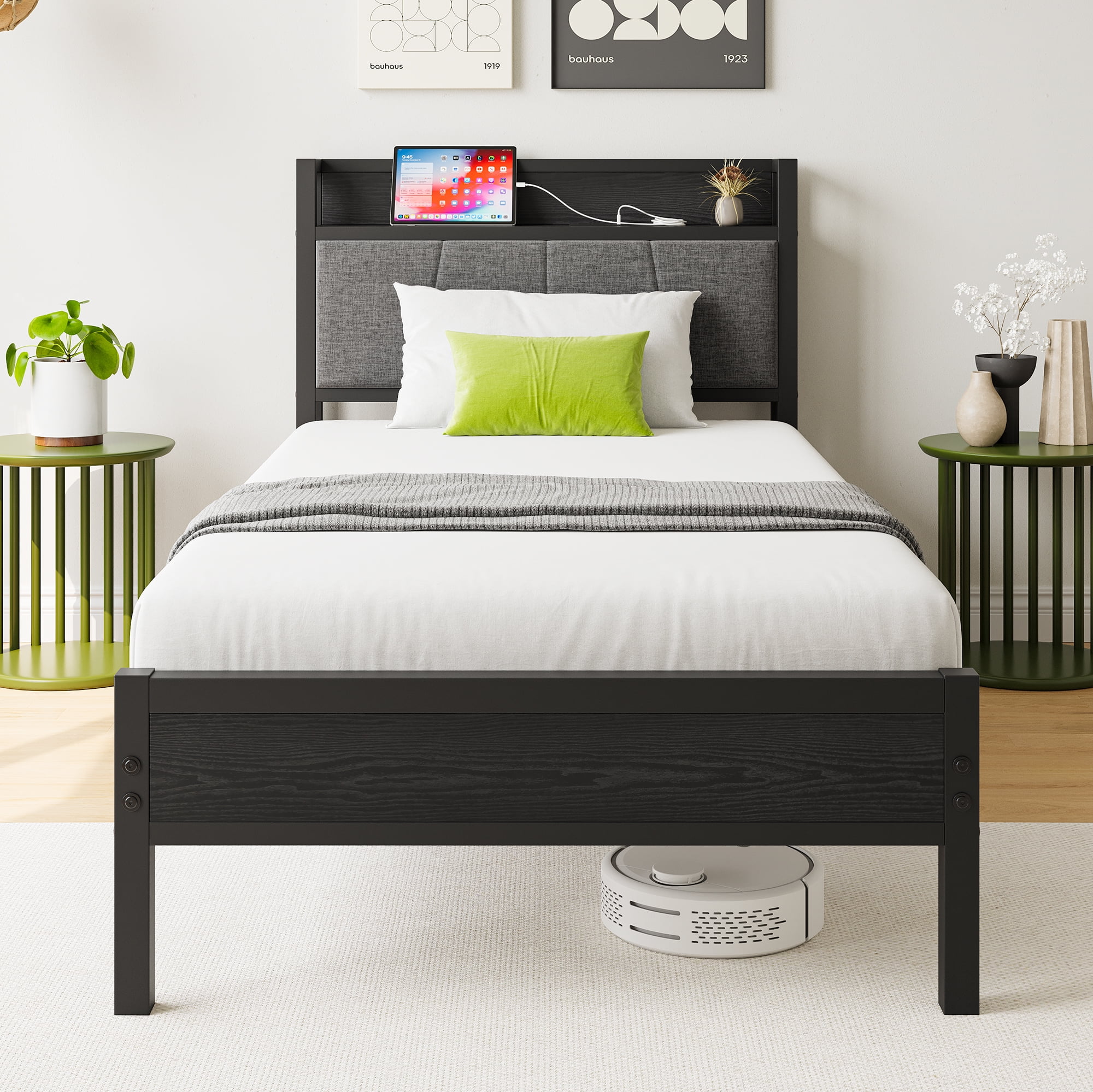 MAYEERTY Noise-Free Twin Bed Frame: Storage Headboard, Charging Station & Easy Assembly​