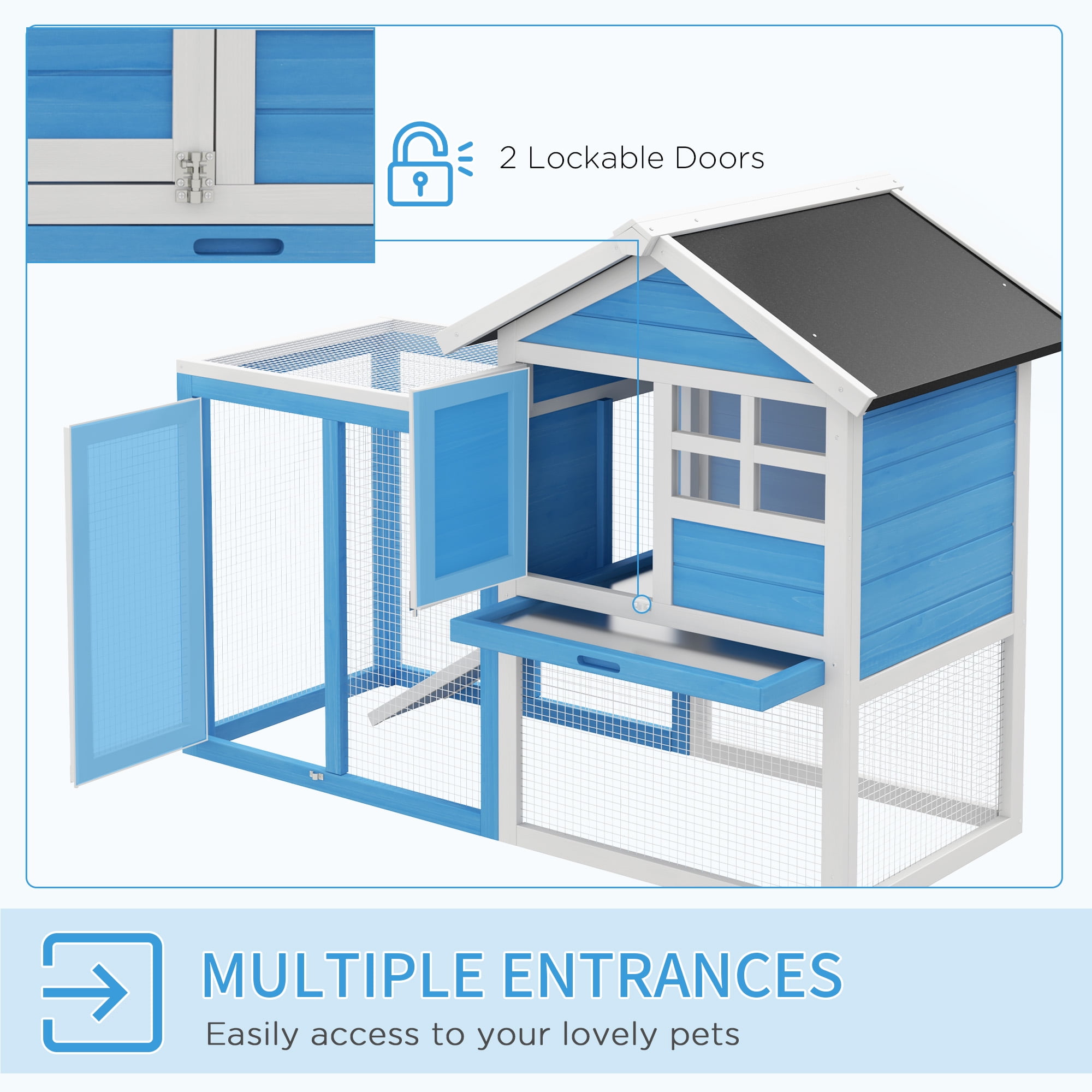 48" Wooden Rabbit Hutch Bunny Cage with Waterproof Asphalt Roof, Fun Outdoor Run, Removable Tray and Ramp, Light Blue