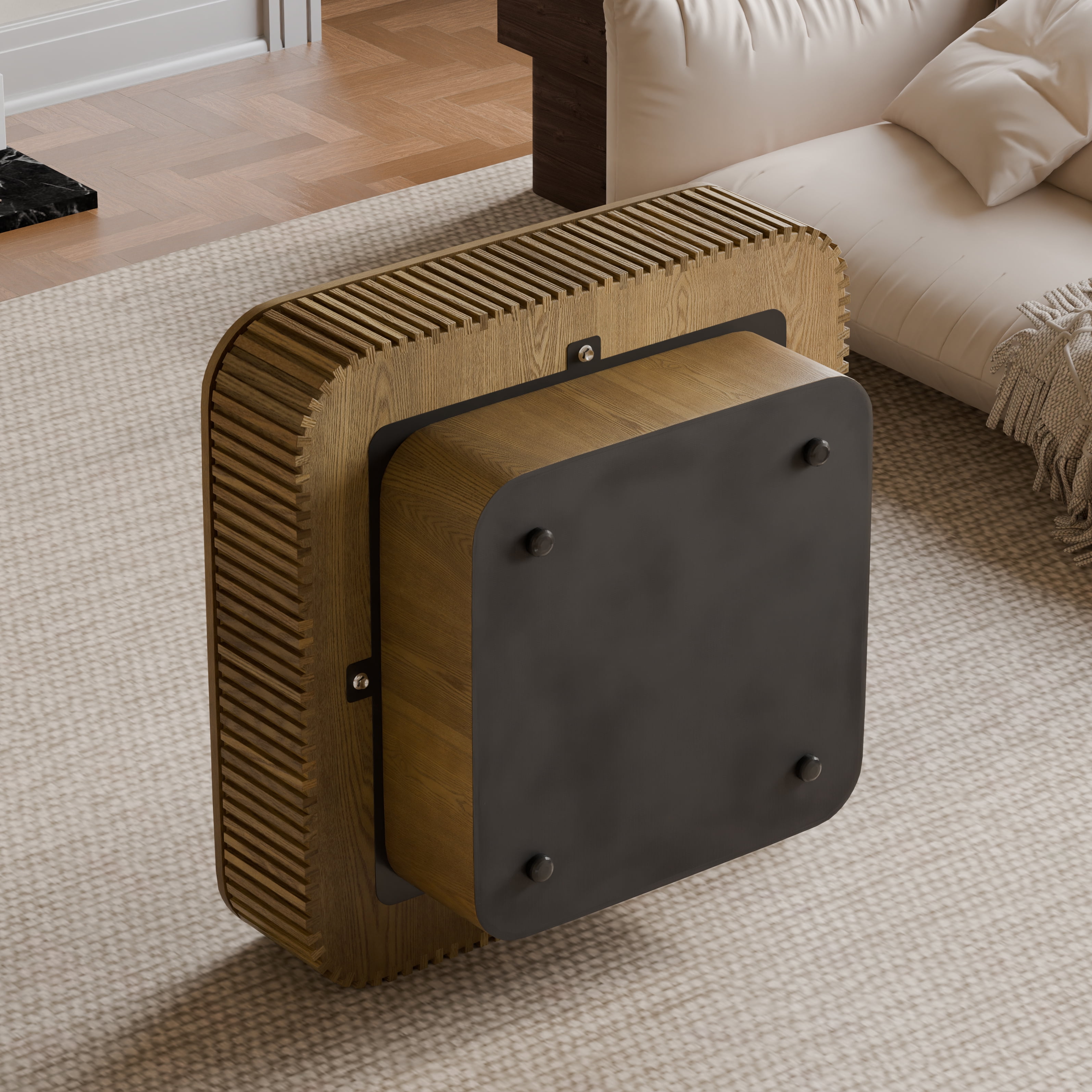Homy Casa 31.5 in Warm Oak Square Coffee Table with Sliding Hidden Storage and Fluted Sides