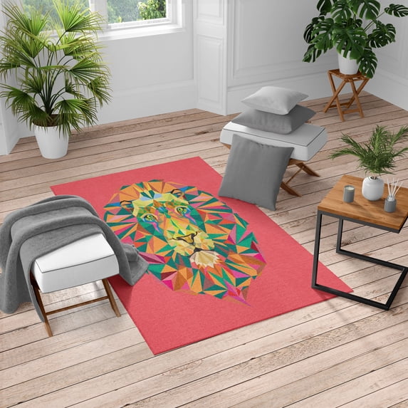 Zoo Turkish Area Rug, Colorful Animals Geometric Diamond Face Lions Mane Safari Wildlife Theme Image, Soft Carpet for Living Room Decor with Distressed Look, 5.2' X 7.6', Dark Coral, by Ambesonne