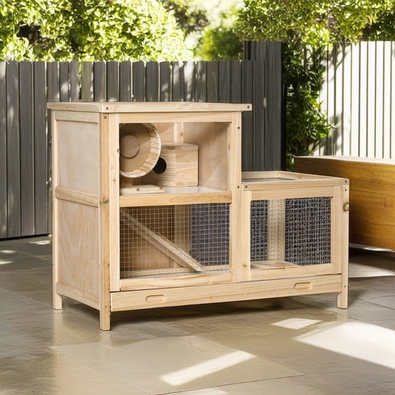 Pefilos 30" 2-Tier Wooden Rabbit Hutch Hamster Cage for Indoor with Seesaw, Tray, Outdoor Bunny Hutch, Guinea Pig Cages, Beige