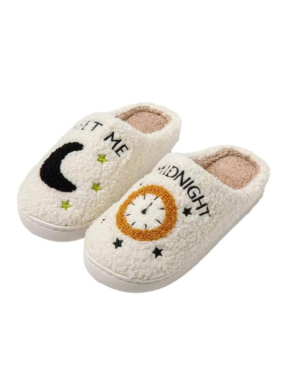 Moon Plush Slippers, Warm Indoor House Shoes for Women Men (Black/White)