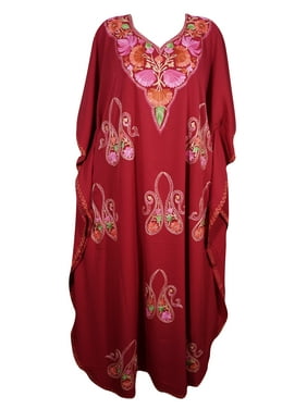 Mogul Womens Designer Kimono Caftan Maroon Beautiful Floral Hand Embroidered Stylish Resort Wear Evening Dress Cover Up Lounge Wear One Size