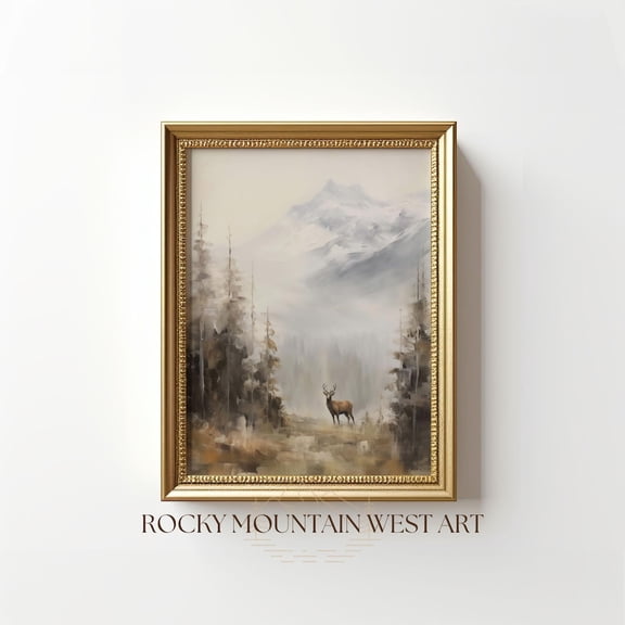 Vintage Deer Wall Art Mountain Forest Landscape Print Woodland Nursery Wall Art Cabin Wall Decor Nature Wall Art Wildlife Art Poster, Unframed Poster Size 8x12 F03.1.15l1321