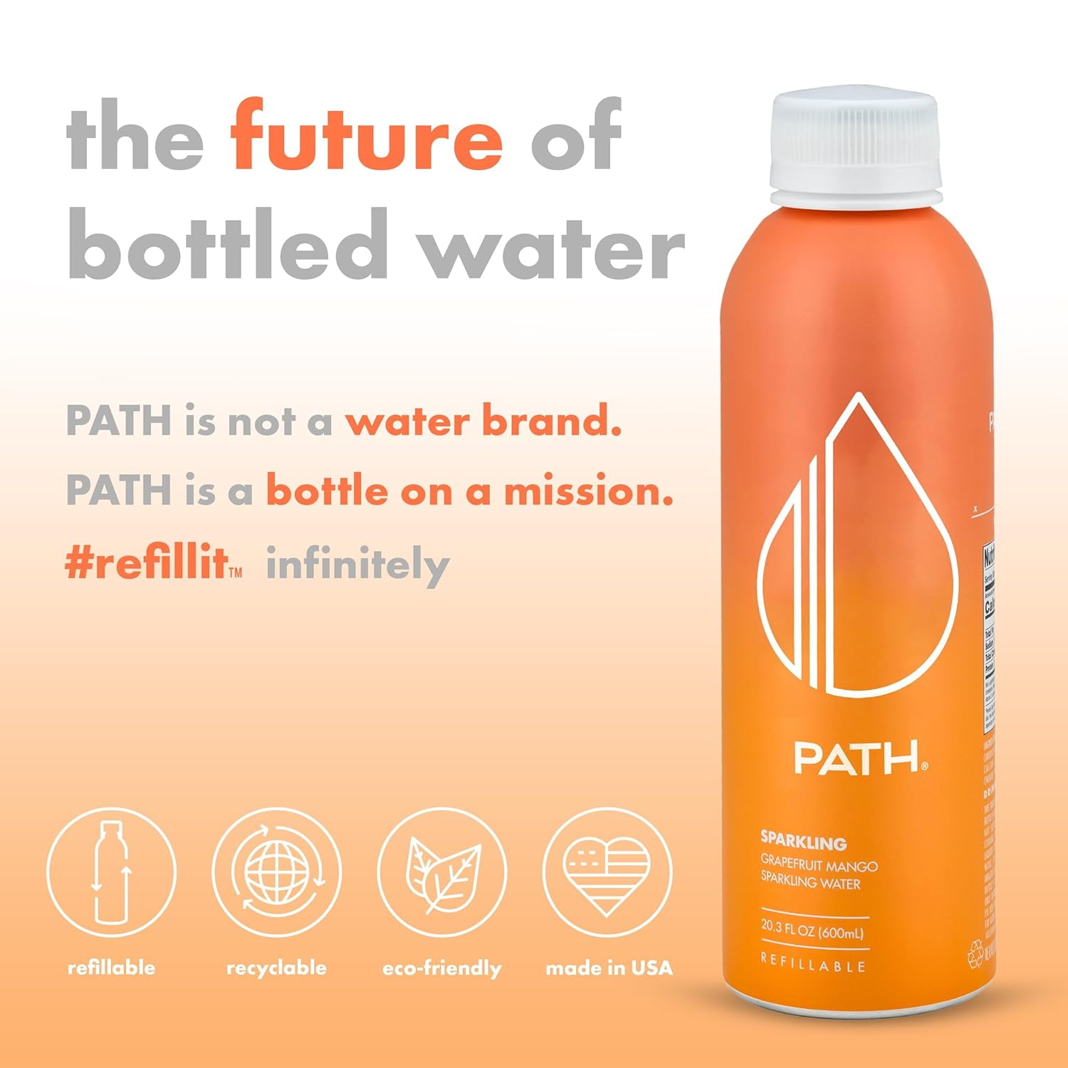 PATH Water Ultra-Purified Sparkling Grapefruit Mango Flavored Water, 20 fl oz, 4 pack Aluminum Bottles