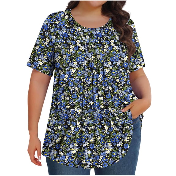 Womens Plus Size Summer Tops Flowy Pleated T Shirts Crew Neck Short Sleeve Blouses Casual Loose Tunics Tee (XL, Multicolor)