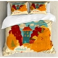 thumbnail image 1 of Autumn Duvet Cover Set King Size, Hello Autumn Calligraphy Little House in Fall Branches Leaves and Trees Image, Decorative 3 Piece Bedding Set with 2 Pillow Shams, Multicolor, by Ambesonne, 1 of 3