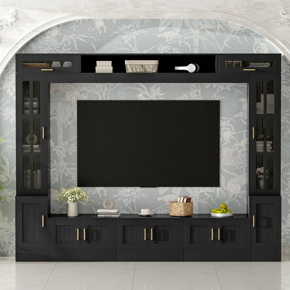 Aukfa Modern 98.4" Wall Unit TV Stand for TVs up to 80",Entertainment Center with Glass Doors & Storage Cabinets for Living Room Furniture, Black