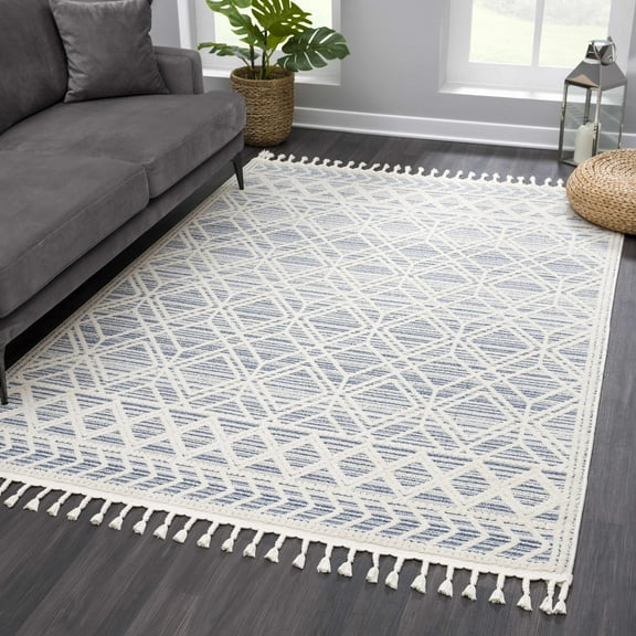 Hauteloom Magnolia MGN-2302 - Molde Moroccan Farmhouse Entryway, Bedroom, Kitchen Runner Rug with Tassel - High Low Carpet - Tribal Boho Style - Southwestern Pattern - Beige, Cream, Blue 2'7" x 7'3"