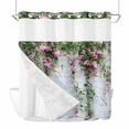 thumbnail image 4 of No Hook Shower Curtain Set with Snap in Liner, Spring Pink Flower Green Leaf Waterproof Bathroom Curtain with See Through Top Window, White Brick Wall Pastoral Floral Double Shower Curtains, 4 of 9