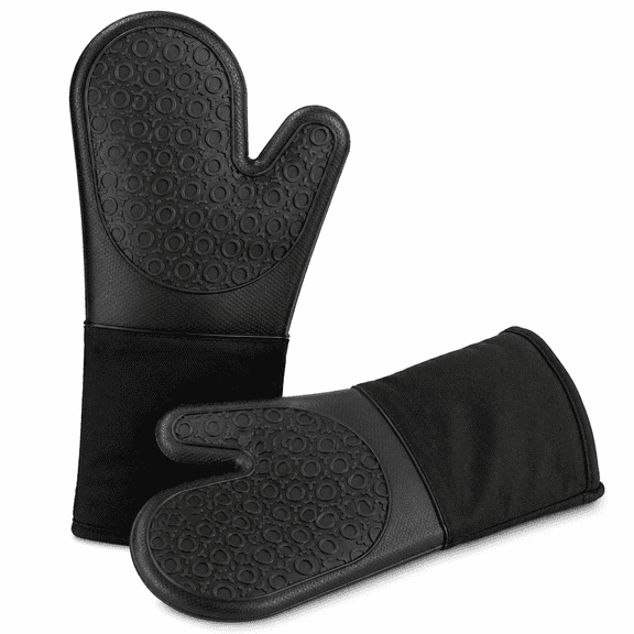 BPA-Free Silicone Oven Mitts Ultra Heat Resistant up to 500°F, Thick Cotton Liner, Long Non-Slip Pot Holders, Flexible Oven Gloves - Black 13.7"