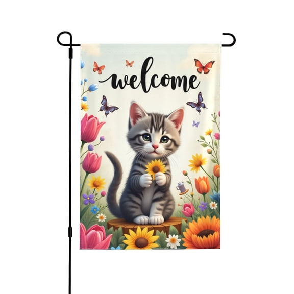 Welcome Spring Garden Flag 12x18 Inch Double Sided Cute Kitten With Flowers Butterfly Garden Yard Flag Outdoor Decoration