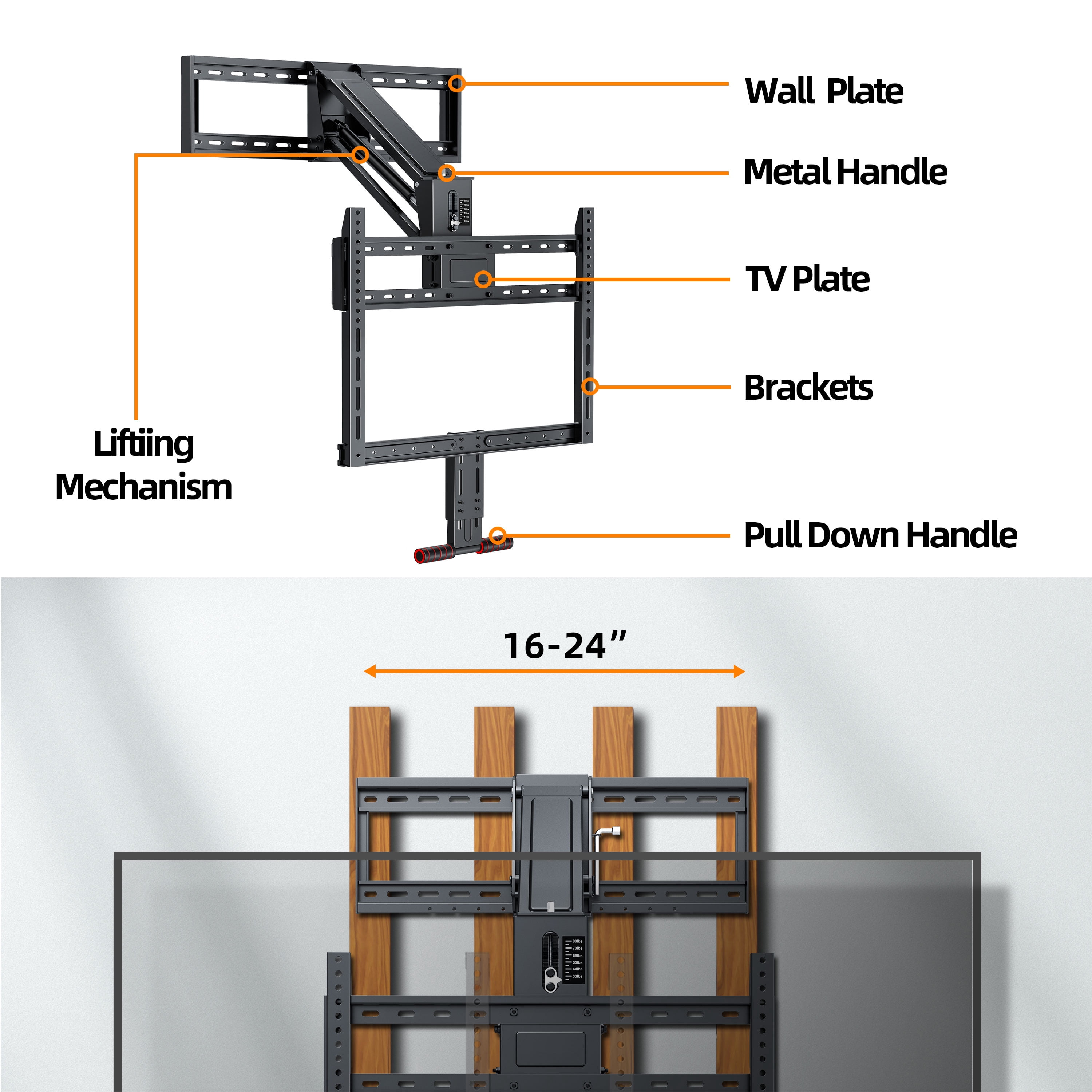 Fireplace Pull Down TV Mount over Fireplace with Height Adjust for Most 43" - 80" TVs, Max VESA 600x400mm, up to 80lbs, above Fireplaces TV Mount