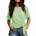 thumbnail image 3 of ClodeEU Women's Plaid Round Neck Short Sleeve Blouse,Casual Summer Wrap Tie Waist Top Green,Women's Plus S, 3 of 6