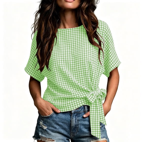 Admvng Women's Gingham Blouse Short Sleeve Side Tie Knot Waist Cropped Plaid Casual Tops
