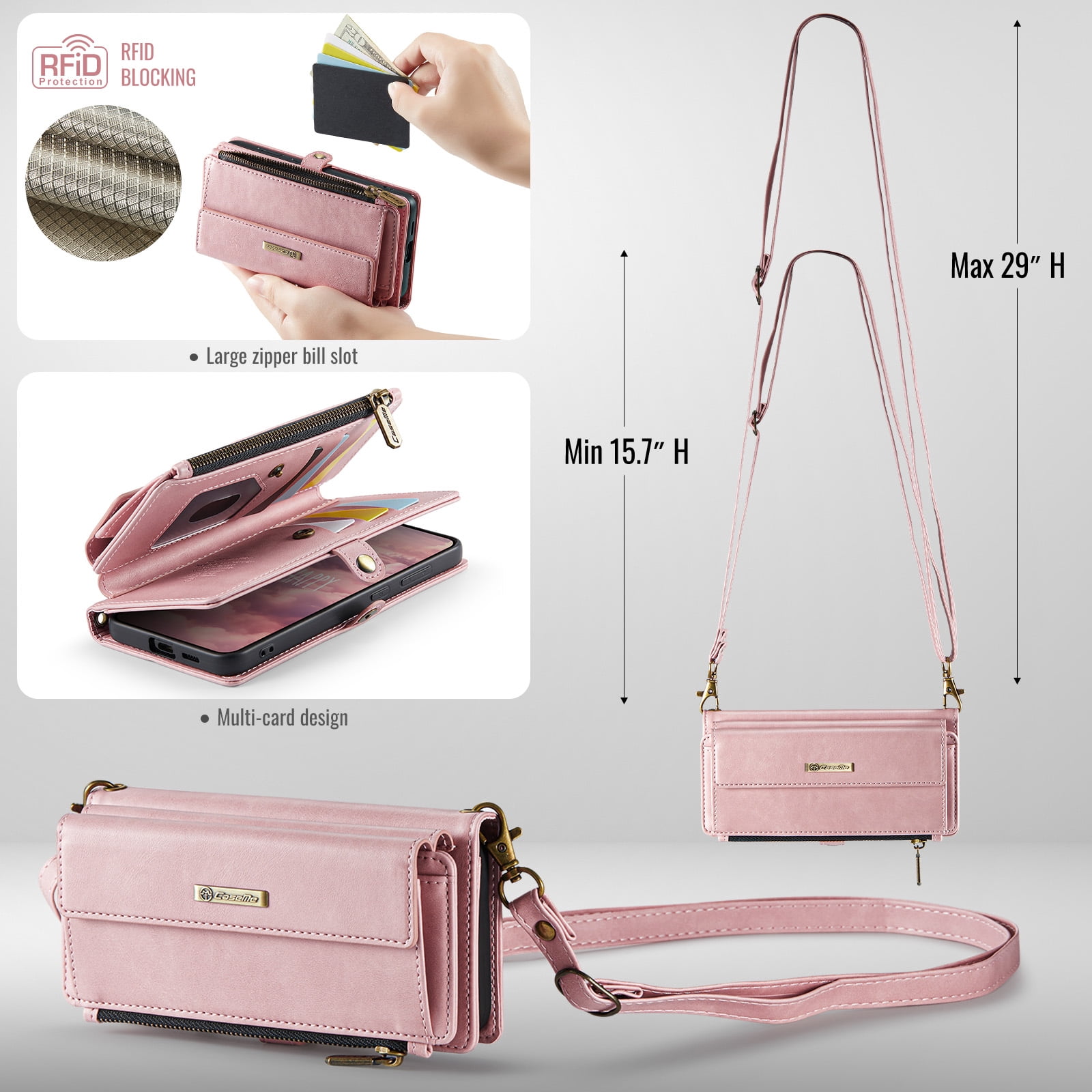 Decase Wallet Case for iPhone 16,Magnetic Flip Zipper Pocket PU Leather Phone Cover,Crossbody Flip Cover with RFID Card Slots,Pink