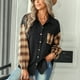 thumbnail image 3 of Blusa Solapa Cuadros Elástico Manga larga Bolsillo Un solo pecho Moda Casual Tops, 3 of 8
