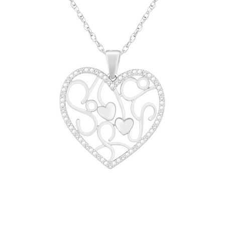 Trillion Designs 0.06 CT Round Cut Genuine Diamond Designer Heart Silver Pendant Necklace