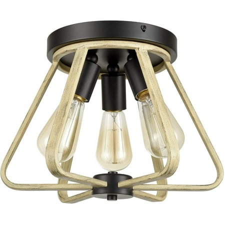 

Armerina Rustic Flush Ceiling Light Wood Grain Metal Cage Shade
