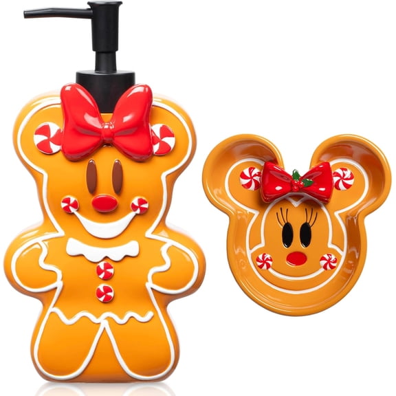 Disney Minnie Mouse 2 Piece Gingerbread Cookie Lotion Pump & Soap Dish Set - Seasonal Bath Décor