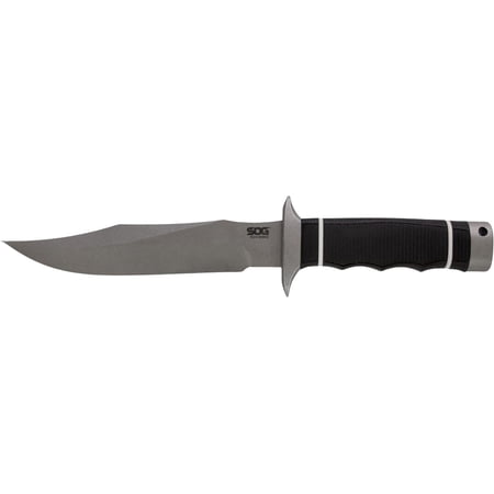 SOG Tech Bowie Fixed Blade Knife 6.4" Clip Point AUS-8 Stonewashed Blade Kraton Handle Black