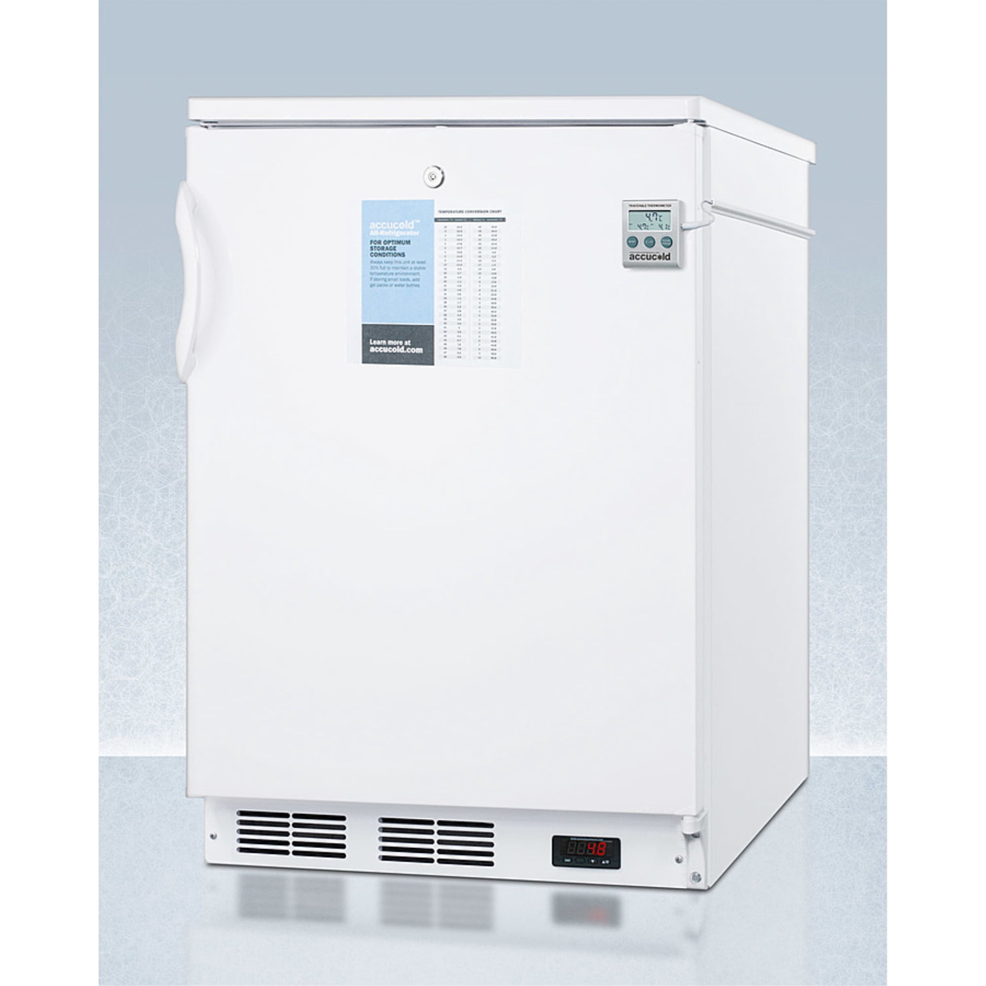 24" wide built-in all-refrigerator in white, auto defrost with a lock, NIST calibrated thermometer, digital thermostat, door storage, and internal fan