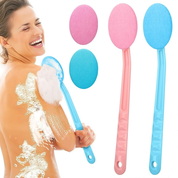 TSV Long Handle Lotion Applicators for Back, Exfoliating Bath Brushes with Replacement Heads, 4Pcs