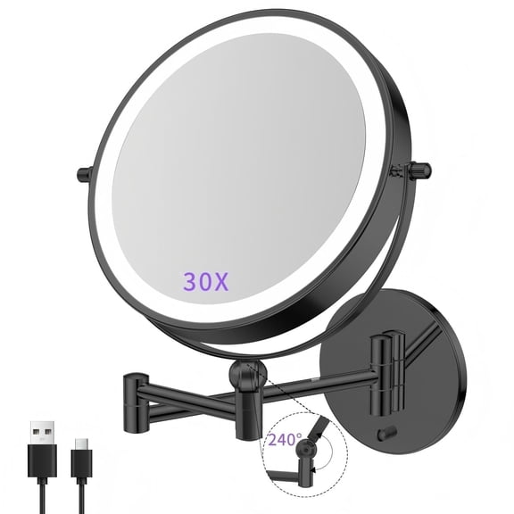 FUNTOUCH 9-inch 5000mAh Rechargeable Makeup Mirror with 1X/30X Magnification, Dimmable Razor Mirror in 3 Colors, Adjustable Height Makeup Mirror, 360° Rotatable, Wall Mirror for Bathroom and Hotel