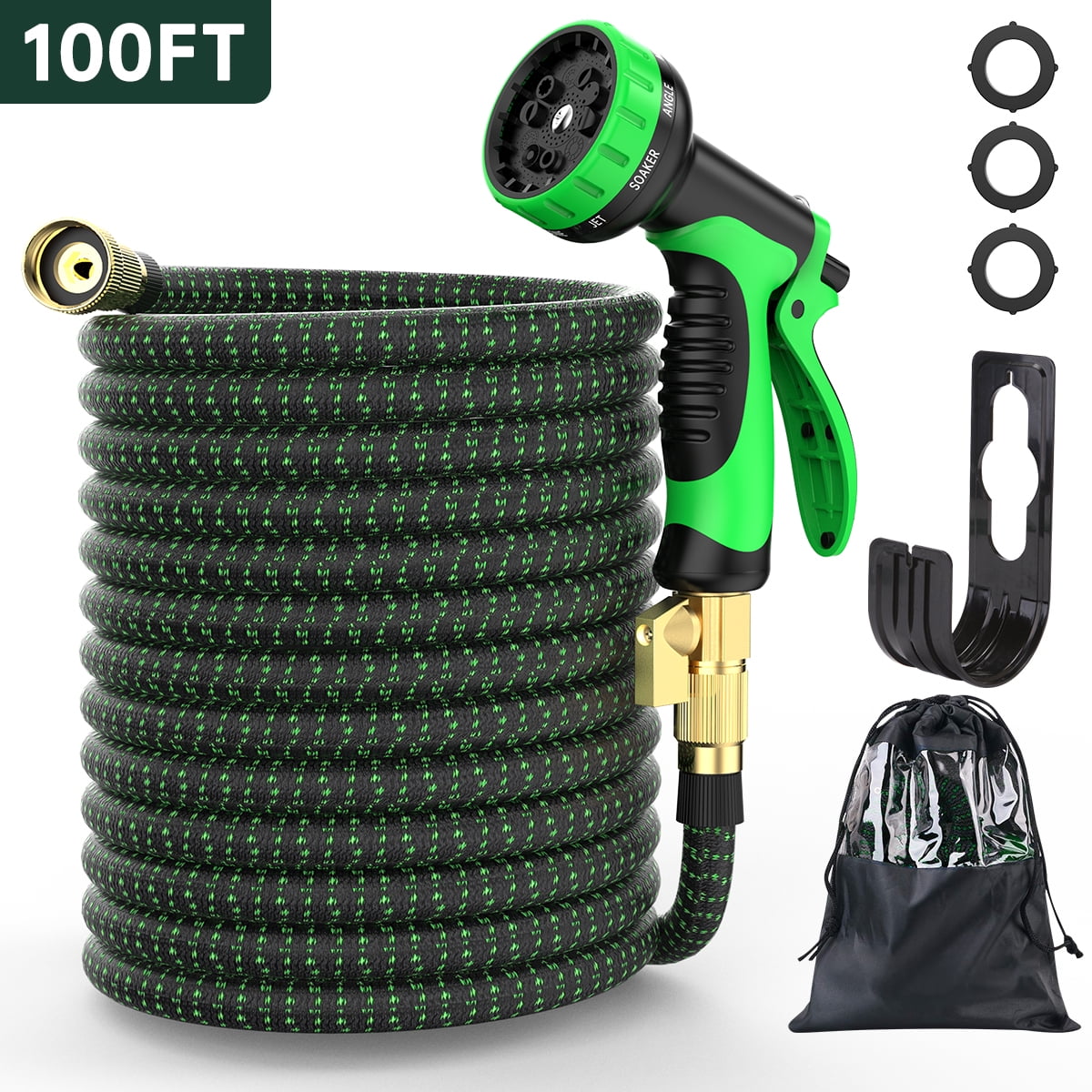 100FT Flexible Hose for Washing and Watering Lightweight Water Hose with Durable 3-Layers Latex Core & 3/4 Solid Brass Fittings 100FT Expandable Garden Hose with 9 Function High Pressure Nozzle