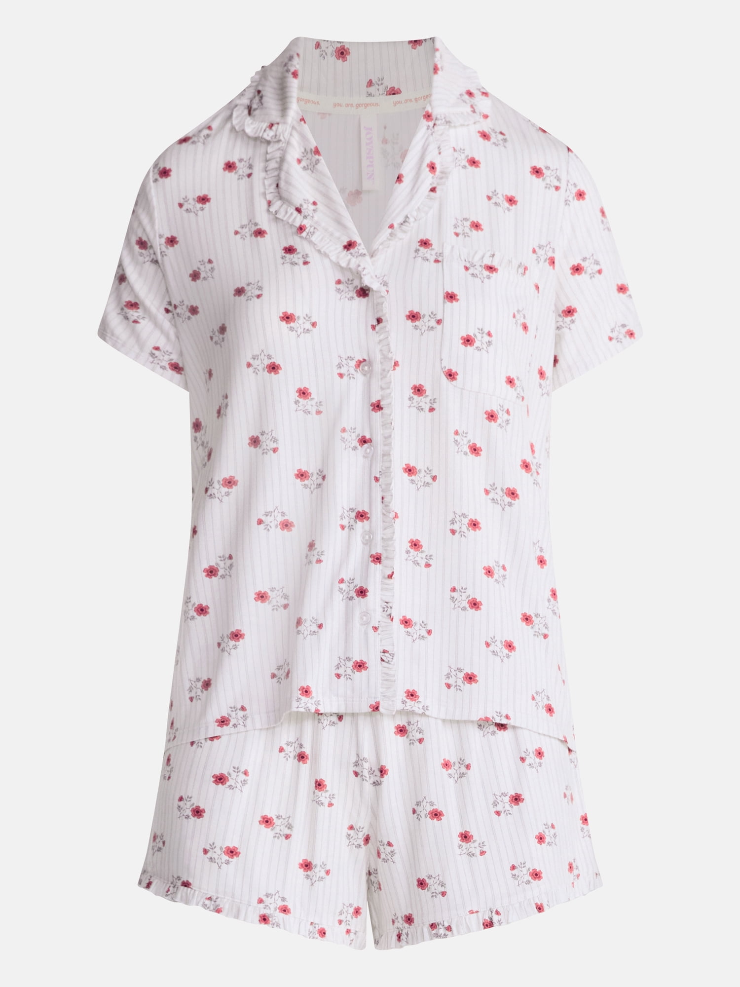 Joyspun Women’s Modal-Blend Ruffle Trim Notch Collar Top and Shorts Pajama Set, 2 Piece, Sizes XS-3X