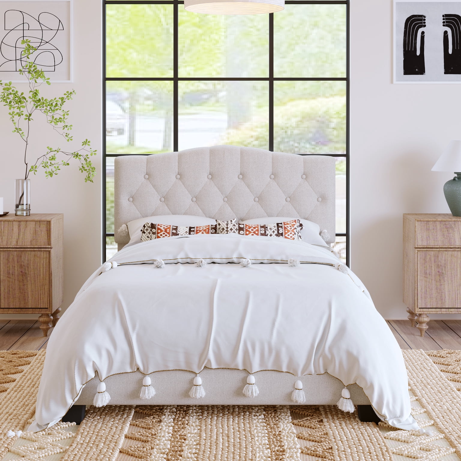 LegaHome Full Bed Frame, Full Size Upholstered Platform Bed with Headboard, Solid Wood Frame, Modern Full Platform Bed Frame Bedroom Furniture, Holds 770lbs, No Box Spring Needed, Beige