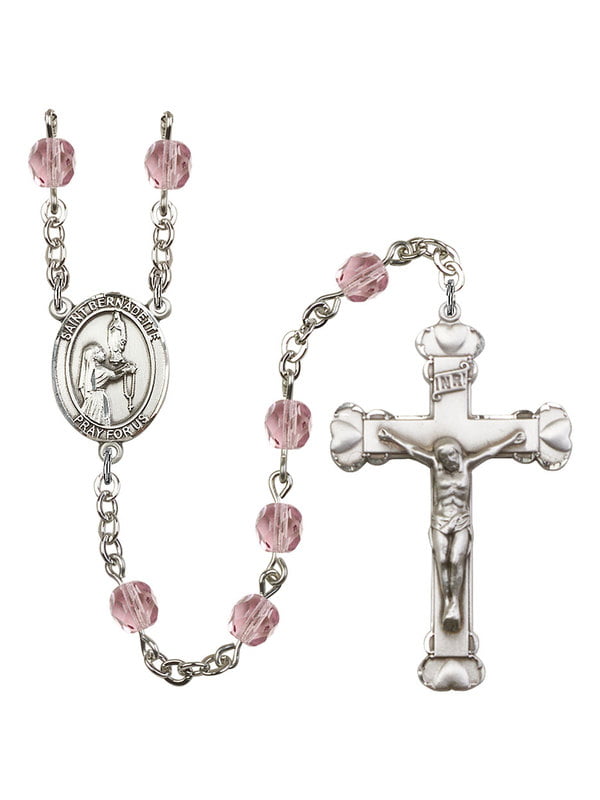 St Bernadette Silver Plate Rosary Bracelet 6mm June Light Purple Fire Polished Beads Crucifix Size 5/8 x 1/4 medal charm