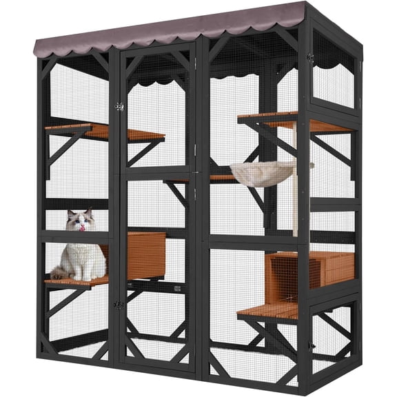 Aivituvin Catio Large Cat House Outdoor Walk in Outdoor Cat Enclosure Indoor Cage Kitty Condo Playpen with Door, Platform, Scratch Post, Hammock - Black