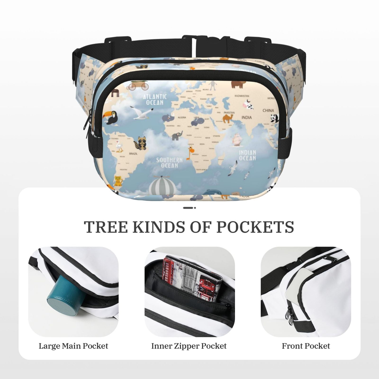 Picia Animals Travel World Map Print Square Double-Layer Waist Bag Mini Adjustable Waist Belt Bag Exercise Running Travel Hiking